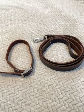 Dog collar and leash brown leather with silver hardware size medium